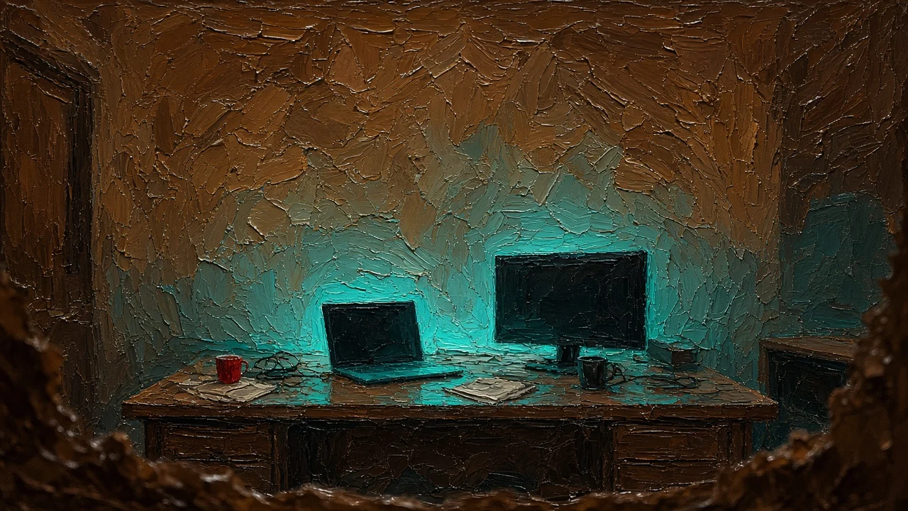 An impasto painting of a dark room at night, a desk lit by the turquoise glow of a screen