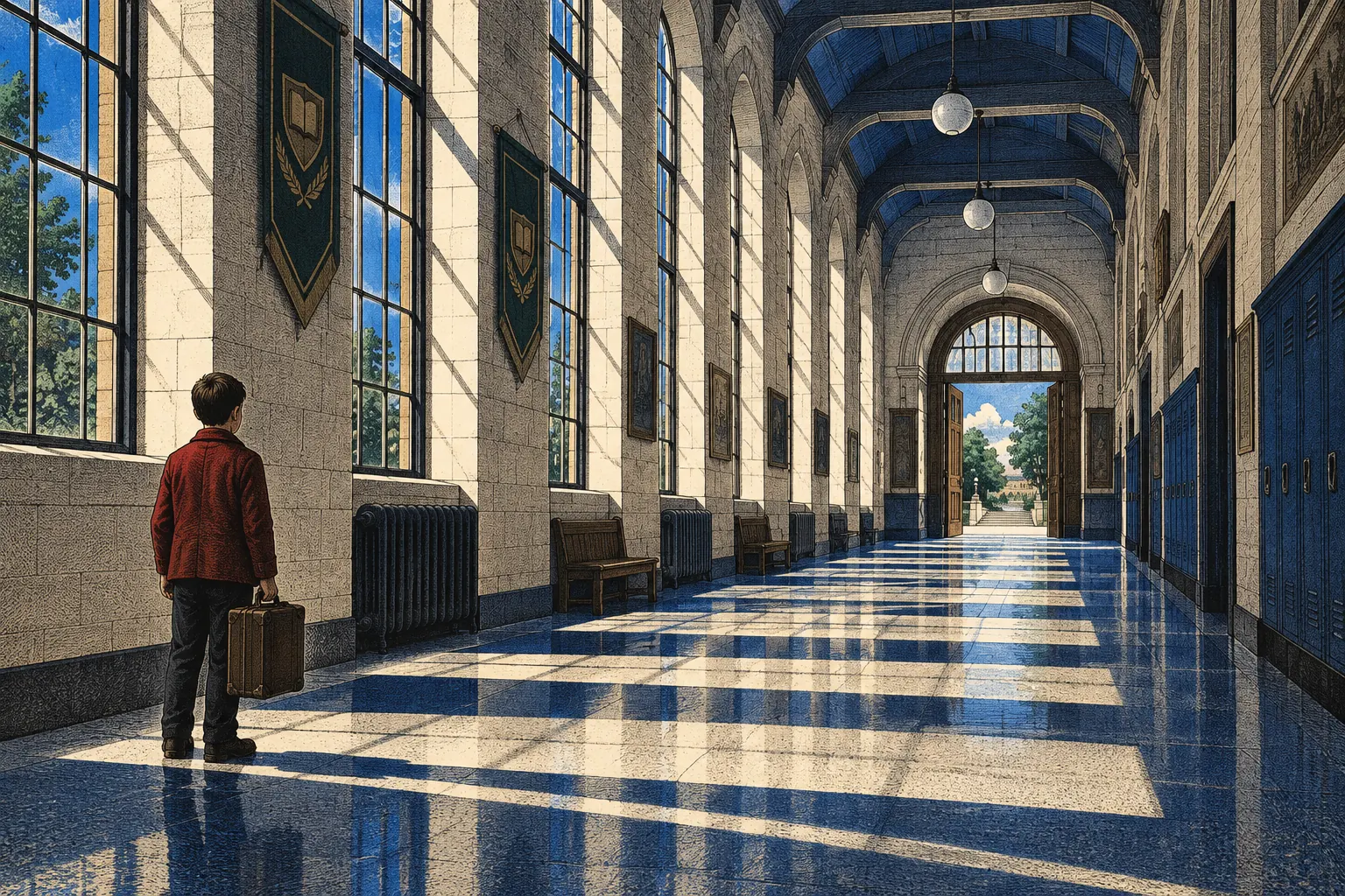 An illustrated child with a suitcase in a long sunlit school corridor, facing an unfamiliar place