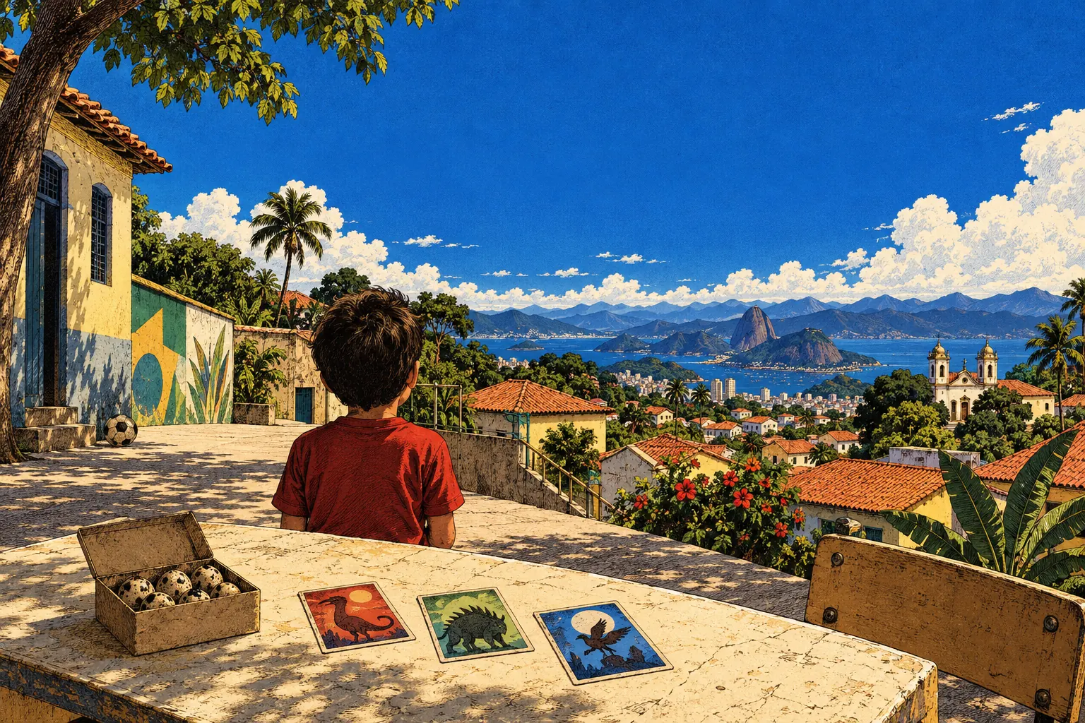 An etched illustration of a Brazilian schoolyard, trading cards and quail eggs on a table, and a child looking toward the hills