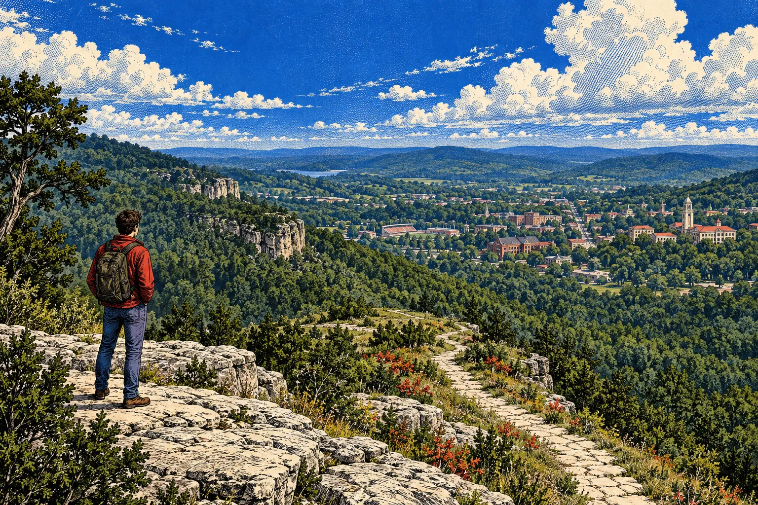 An illustrated figure on an Ozark bluff looking toward wooded hills and a distant Arkansas town