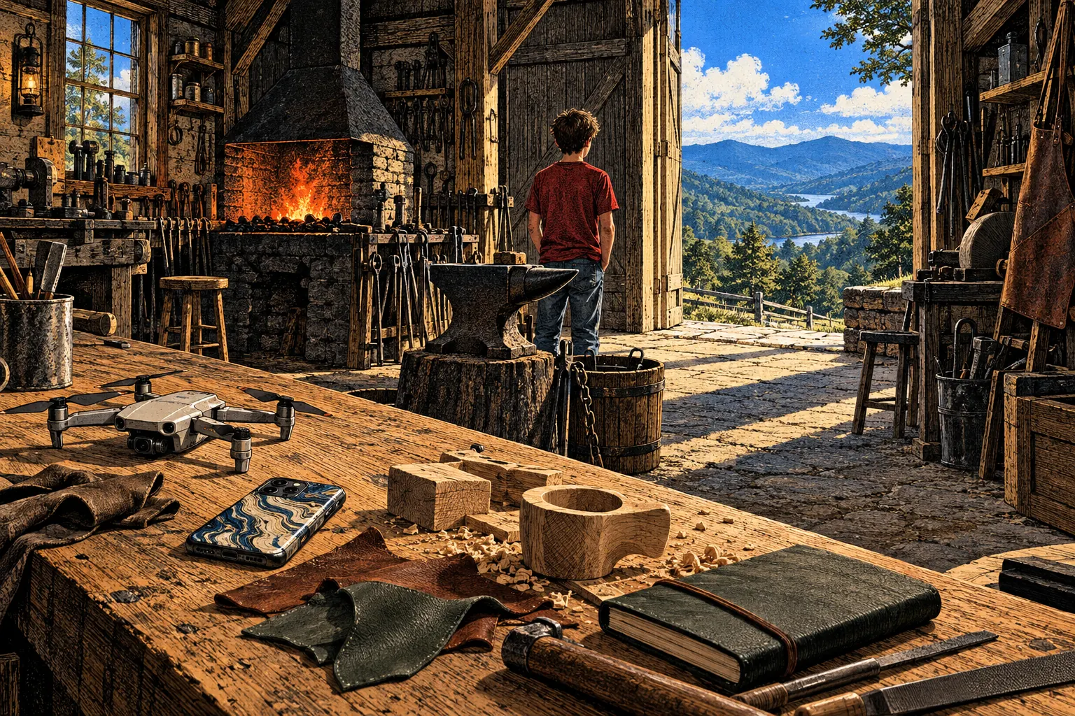 An illustrated workshop with a drone, a dipped phone case, woodwork and leather on a workbench